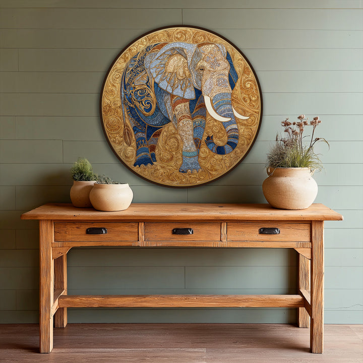 Warm, neutral color temperatures accentuate the sovereign oil painting reproduction print, showcasing an ornate golden elephant medallion with cool blue mosaic details.