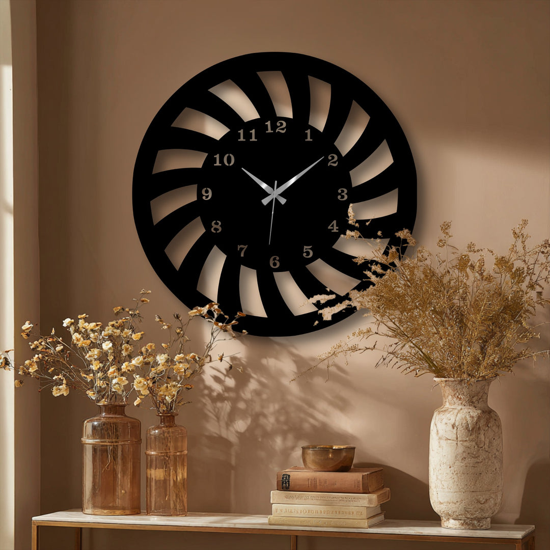 The striking black spiral motion metal wall clock with its dynamic design stands out as unique decoration wall art.