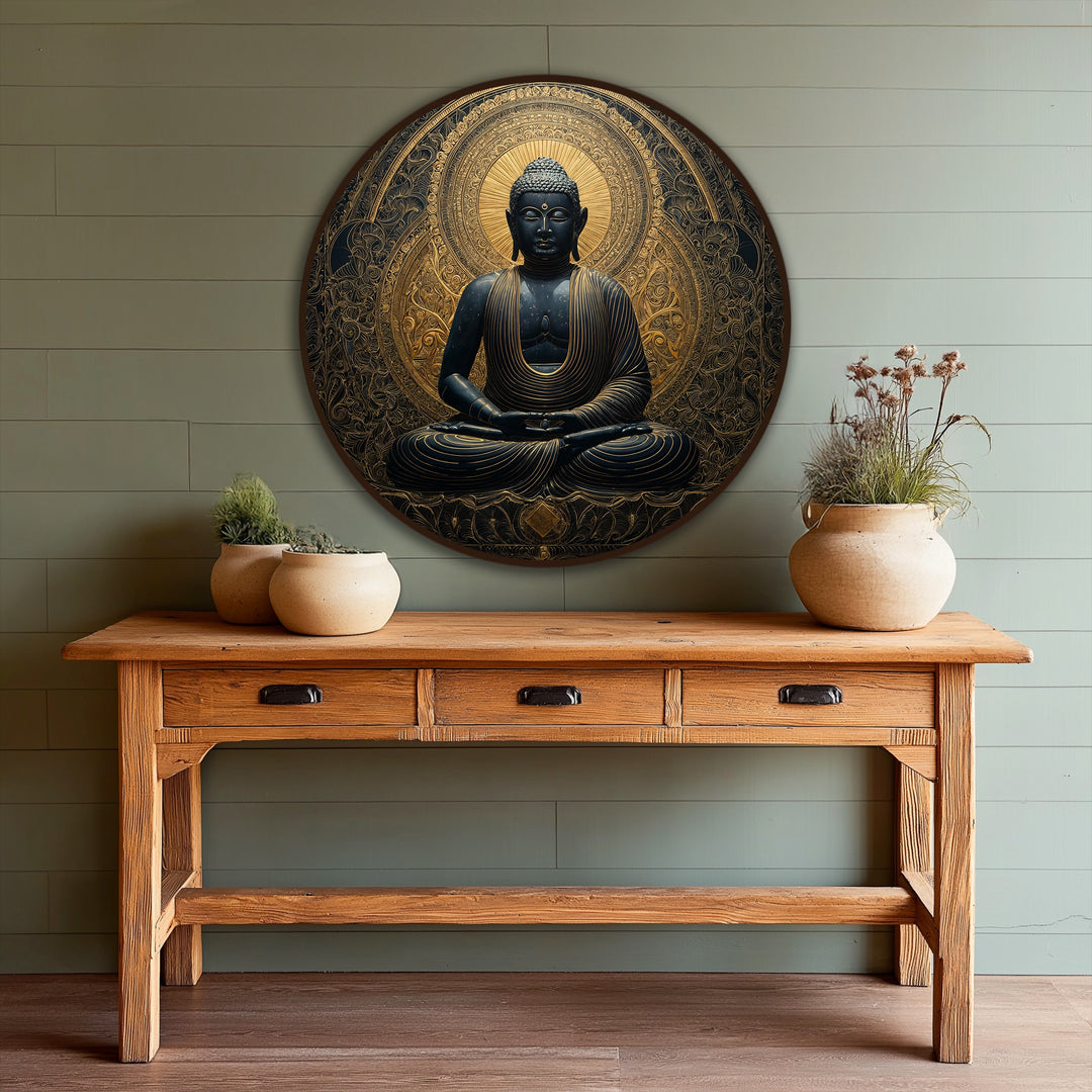 Repeating circular patterns and radiating golden tones in the Golden Serenity Buddha oil painting reproduction print create a tranquil visual rhythm.