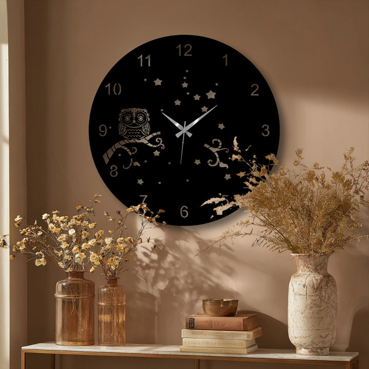 Vertically oriented, this circular owl night metal wall clock is striking decoration wall art with a starry sky design.