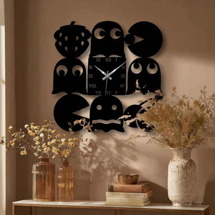 The darkest area showcases a whimsical retro arcade metal art for wall clock, featuring iconic Pac-Man and ghost character designs.