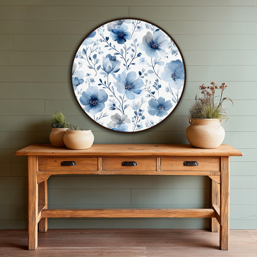 The focal point of the botanical pattern round oil painting features intricate floral details in soft blue, embodying modern oil painting art.