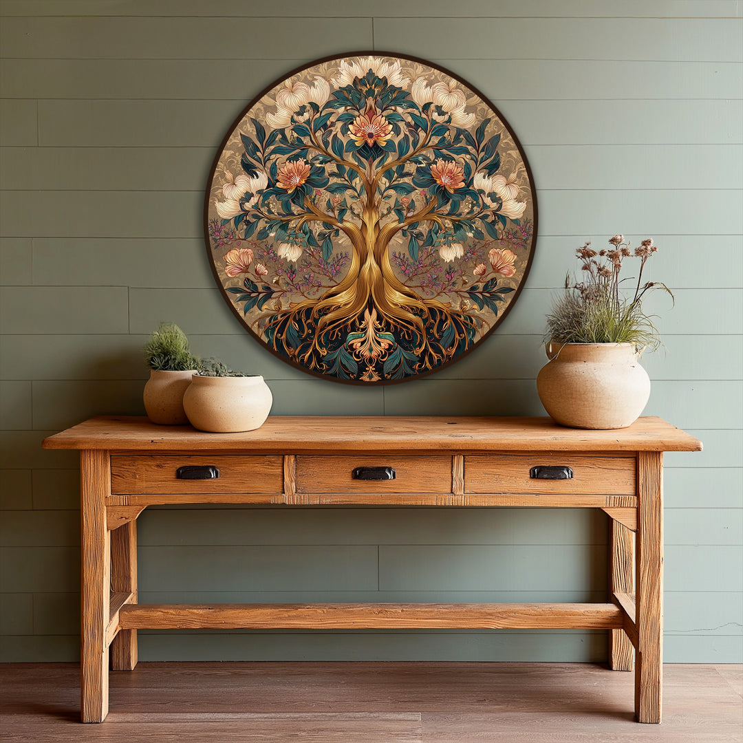 With rich color saturation, the ornate bloom oil painting artwork features a decorative floral tree in vivid teal, gold, and peach tones.