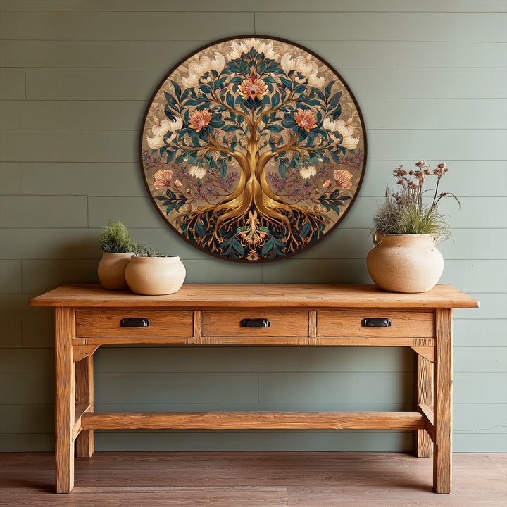 With rich color saturation, the ornate bloom oil painting artwork features a decorative floral tree in vivid teal, gold, and peach tones.