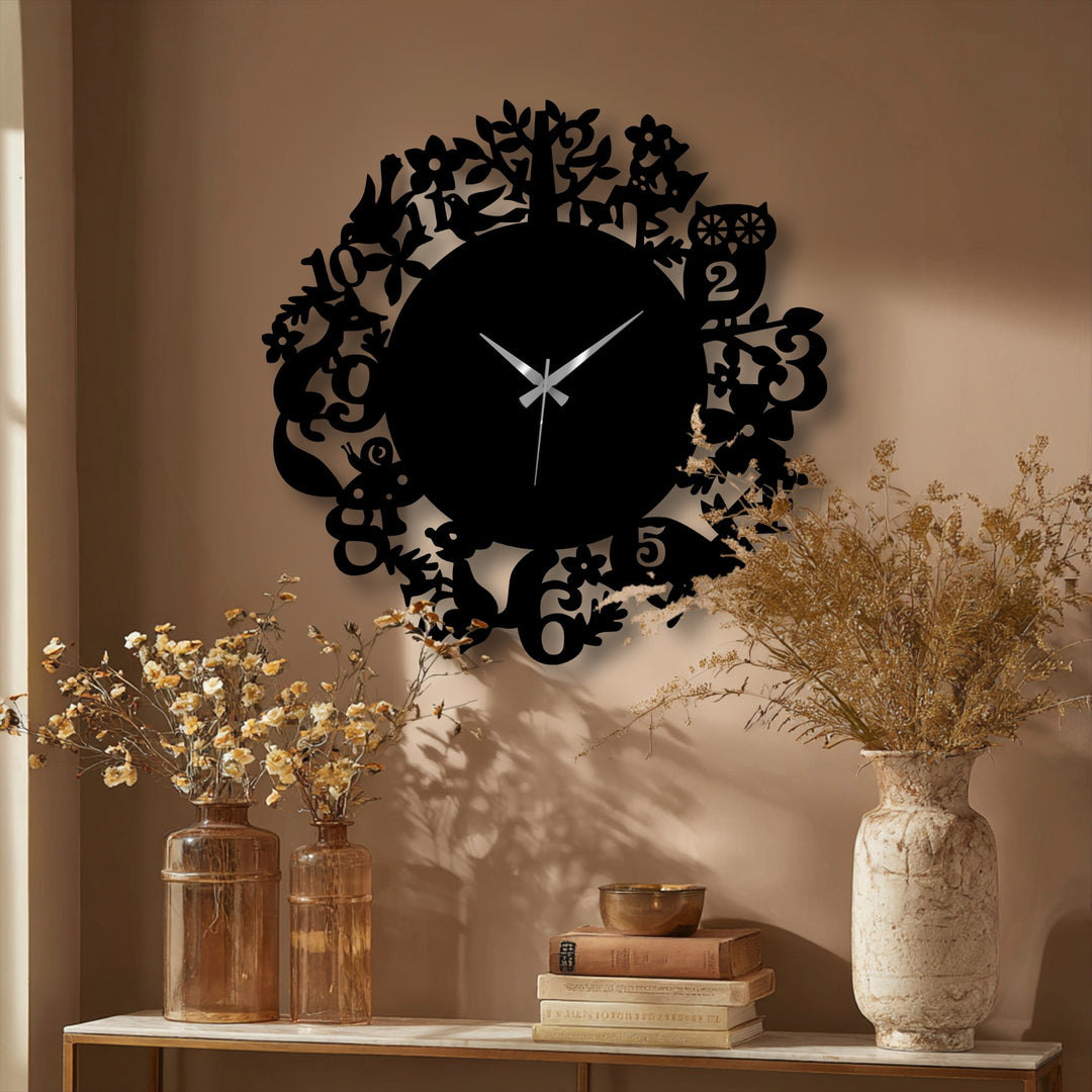 Highlighting the layering effect, this woodland animals metal wall clock uses nature design elements to create dimensional decorative metal art.