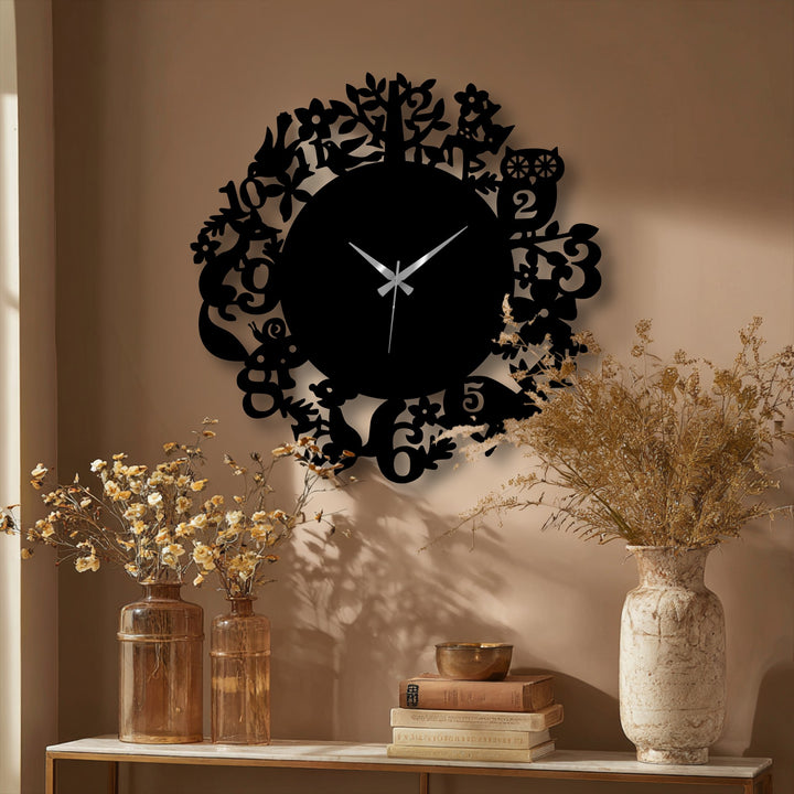 Highlighting the layering effect, this woodland animals metal wall clock uses nature design elements to create dimensional decorative metal art.