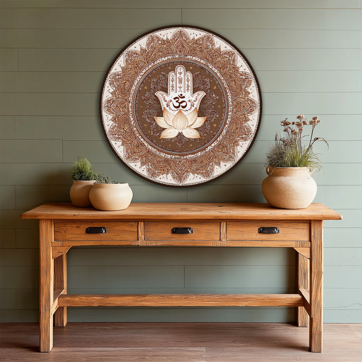 Evoking the abstract quality, this spiritual round oil painting on wood showcases a lotus and Hamsa with the Om symbol in modern oil painting art.
