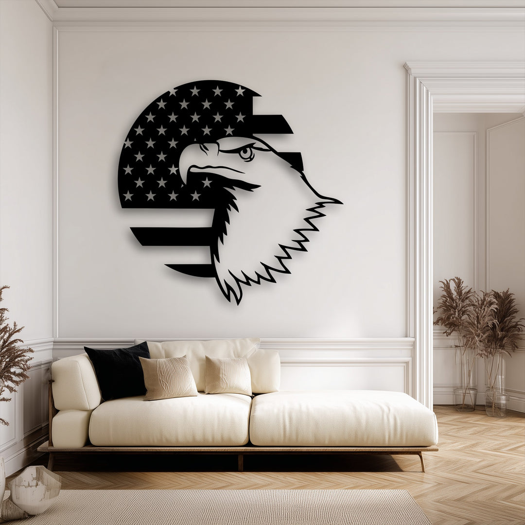 A warm color temperature pervades the room, drawing attention to the unique metal wall art featuring a patriotic eagle.