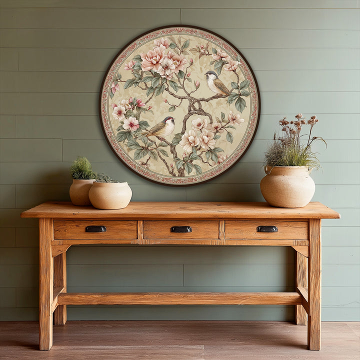 Stillness captures the elegant floral round oil painting home decor of songbirds perched on a blossoming branch, creating a peaceful and refined art piece.
