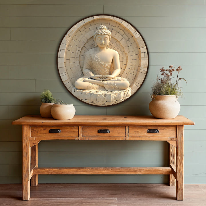 Foreground reveals the warm wood grain and drawer pulls of a rustic console table displaying an ivory stone Buddha round oil painting reproduction print.