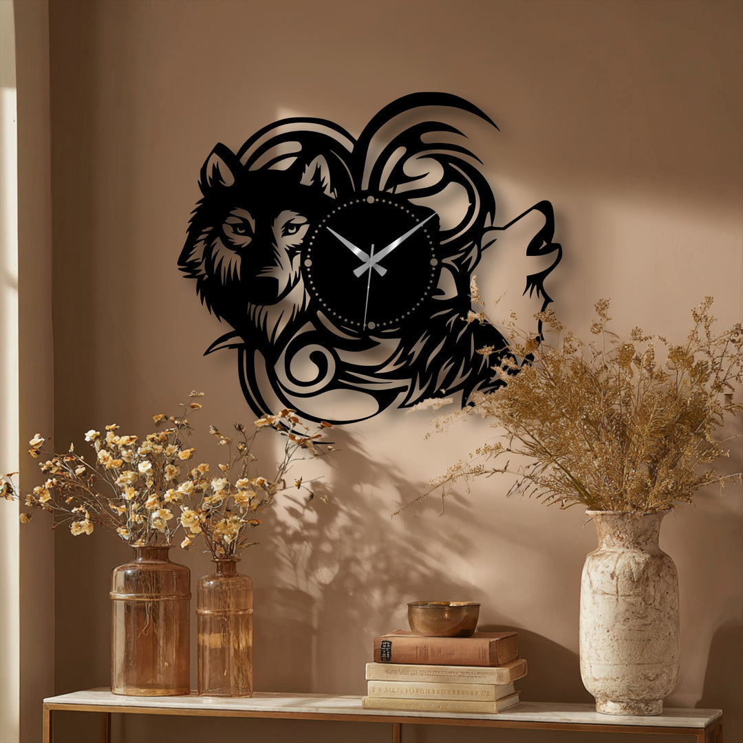 Beige is the dominant color in this decoration wall art of a mystic wolf silhouette metal wall clock featuring a tribal animal design.