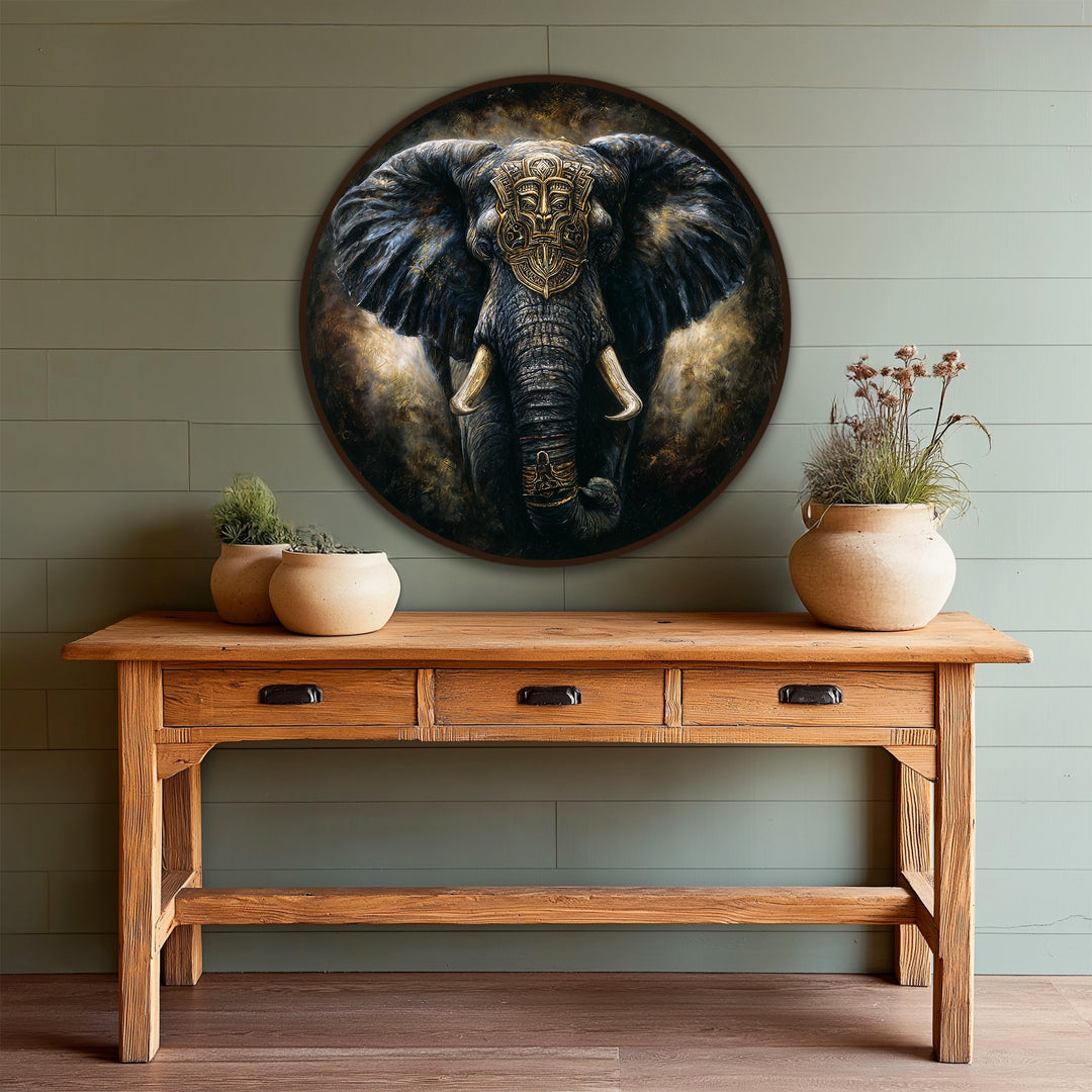 Softest textures define the majestic dark elephant, a captivating oil painting reproduction print showcased in a round wood frame.