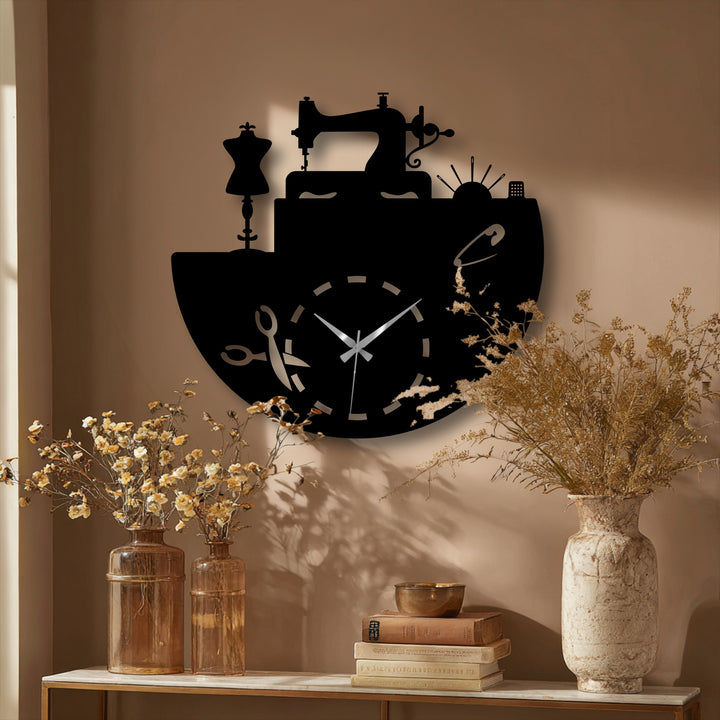 Warm taupe wall showcasing a unique metal wall art sewing clock, featuring intricate tailor studio design elements and dried floral accents.