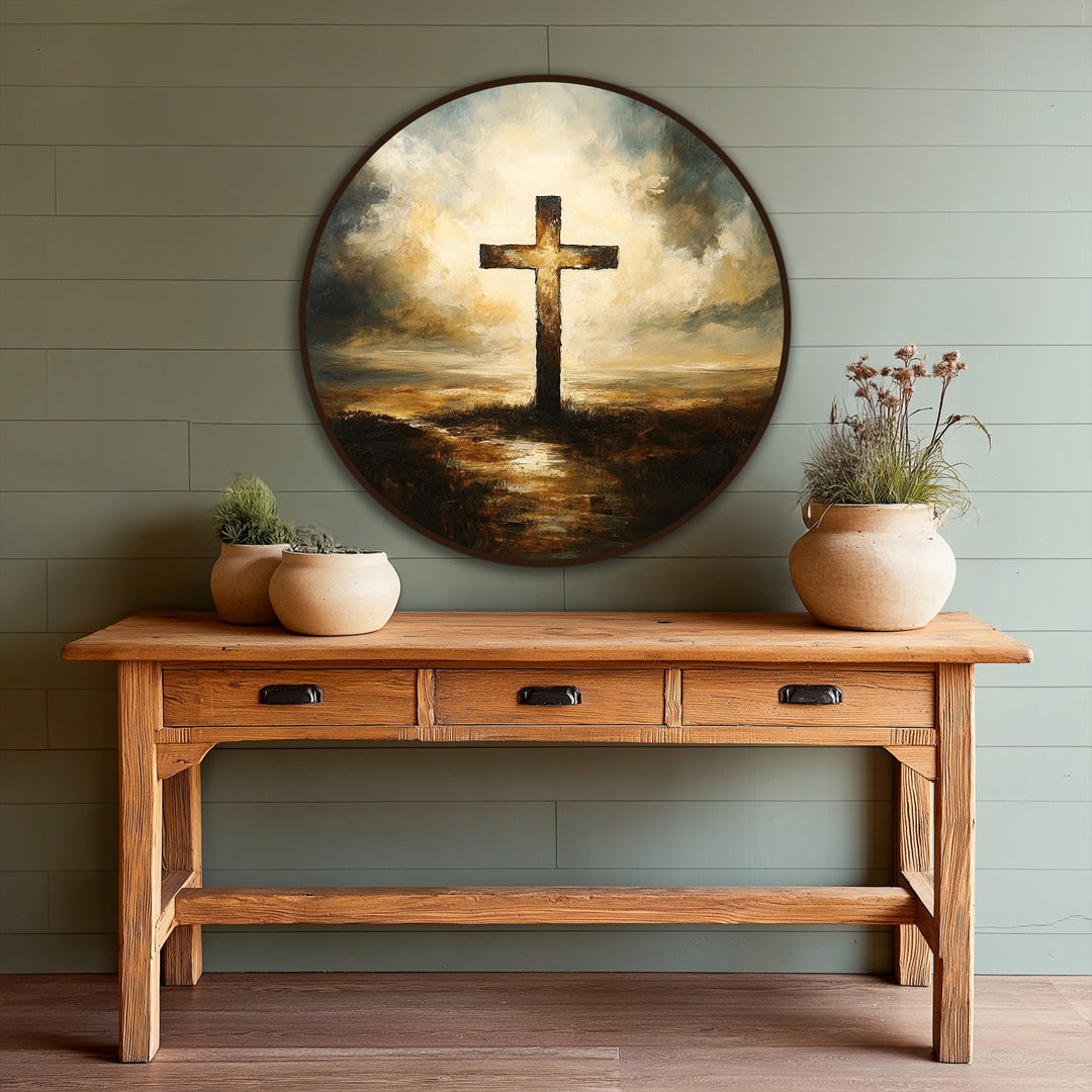 Radiant Christian cross is the loudest element in this round oil painting decoration, creating a powerful visual statement of spiritual significance.