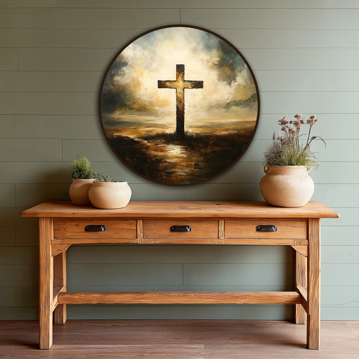 Radiant Christian cross is the loudest element in this round oil painting decoration, creating a powerful visual statement of spiritual significance.