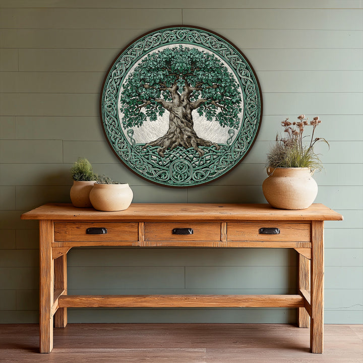 In the darkest area, the intricate Celtic knotwork frame enhances the round Celtic Tree of Life oil painting art piece, adding depth to this symbolic home decor.