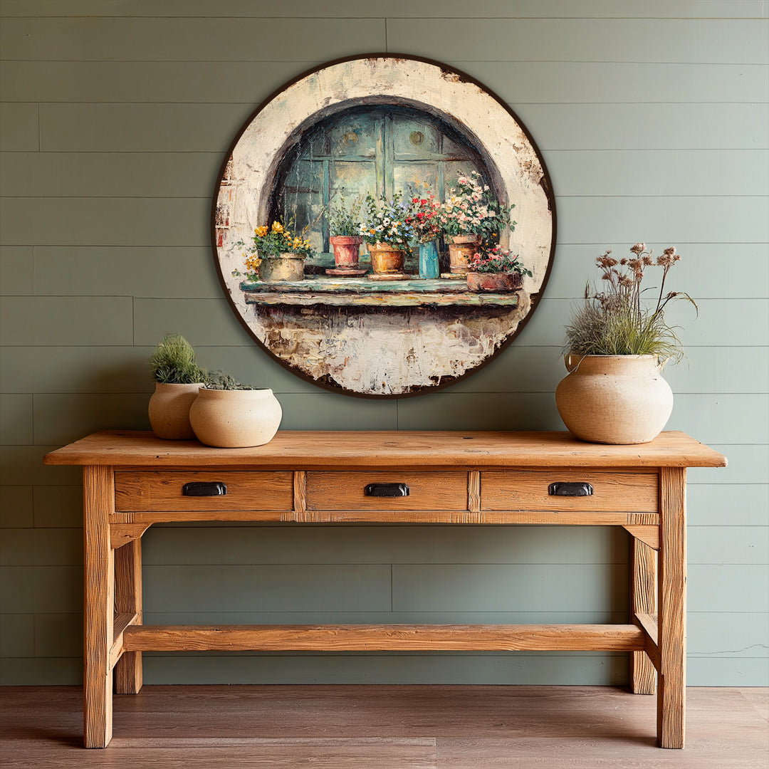 With balanced color saturation, the rustic window with flower pots is a vibrant oil painting wall art, bringing colorful farmhouse charm.