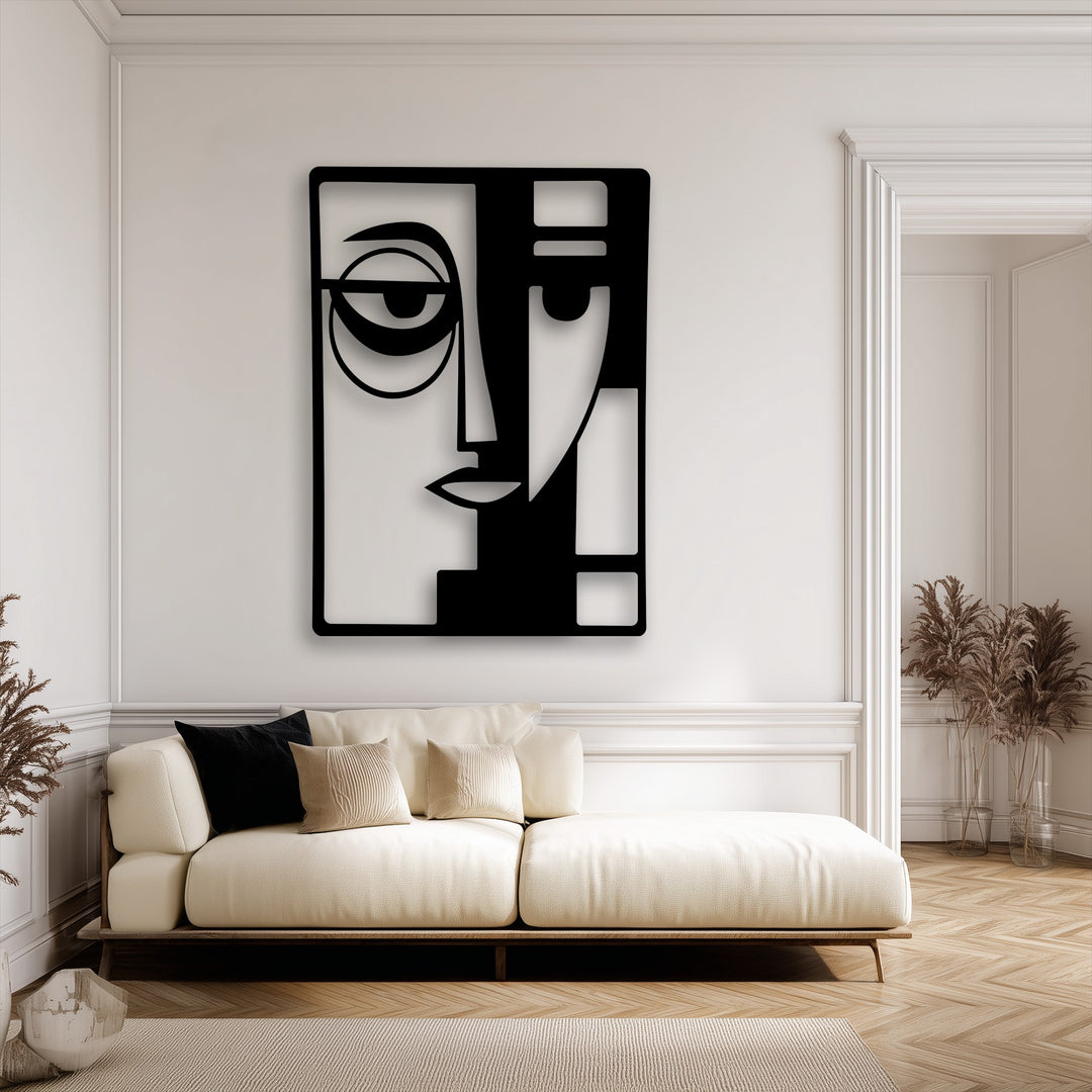 A vertically oriented rectangular metal art for wall depicts an abstract dual face with modern geometric shapes.