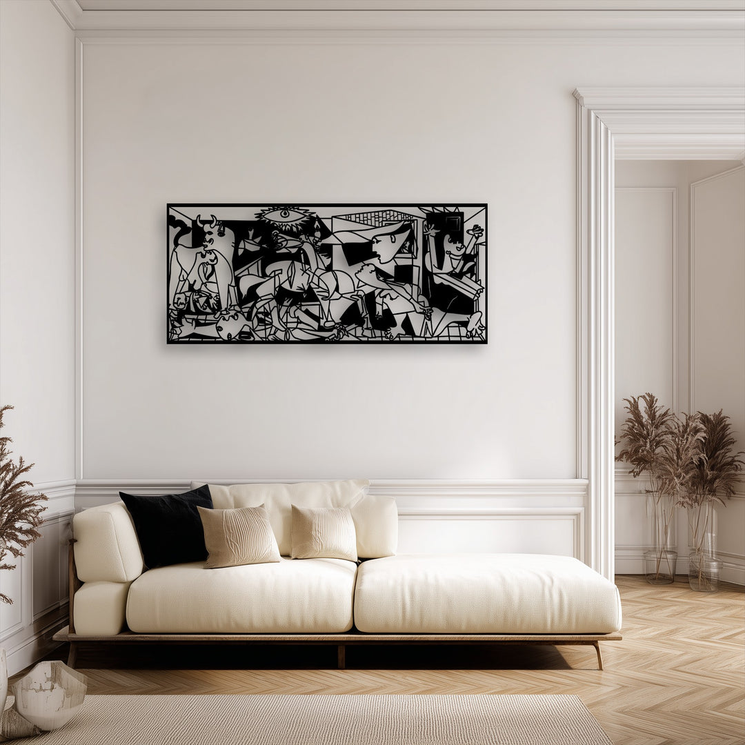 The negative space within this modern metal wall decor, a Guernica-inspired abstract panel, dynamically shapes its intricate figures.
