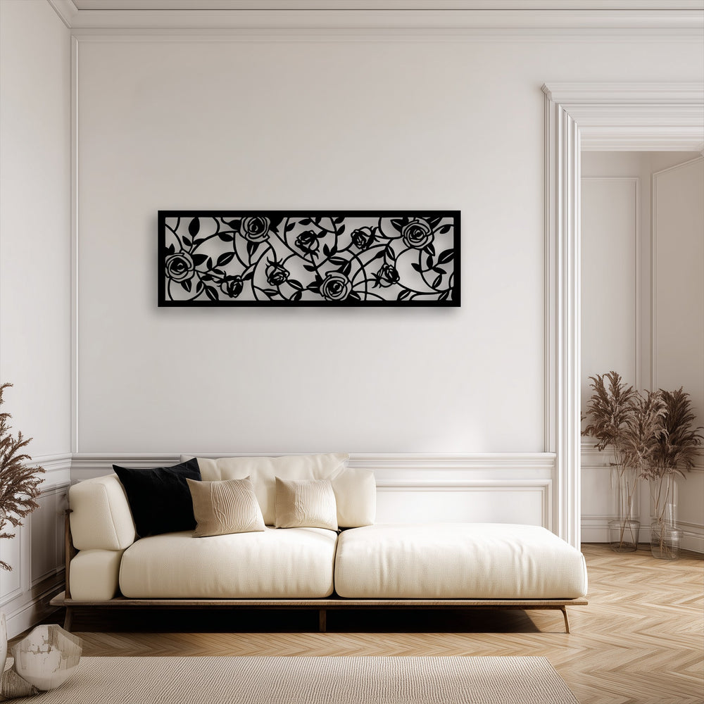 The elegant rose metal art for wall creates a striking layering effect against the light wall, enhancing depth and dimension.
