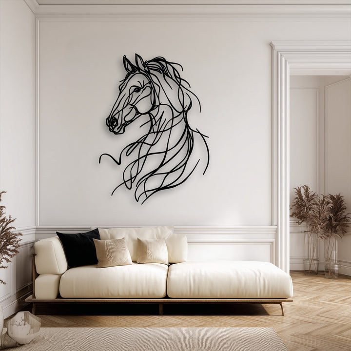 A striking abstract horse decorative metal art piece captures graceful motion with its flowing lines, beautifully accentuating a modern white wall.