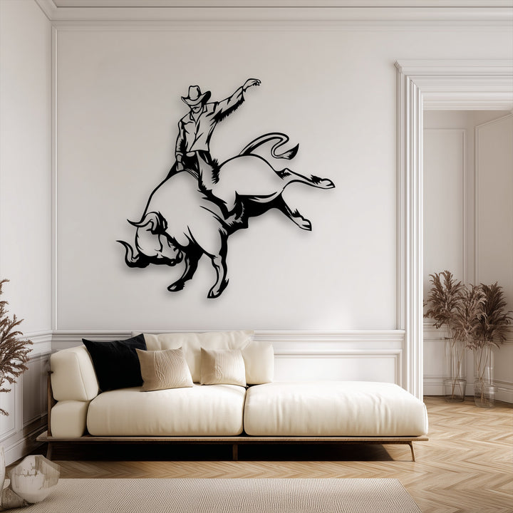 The metal art for wall vibrantly captures the thrilling, dynamic sense of movement of a cowboy powerfully riding a bucking bull.