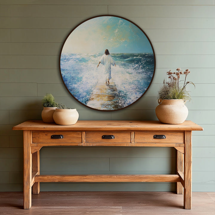 With vibrant color saturation, this oil painting art piece displays a round 'Path of Faith – Walking Beyond the Waves' scene featuring a figure amid turbulent waters.