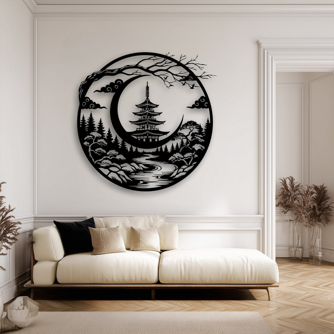 Sharp transitions of color define the stunning metal wall decor, presenting a Japanese pagoda and tranquil crescent moon landscape.