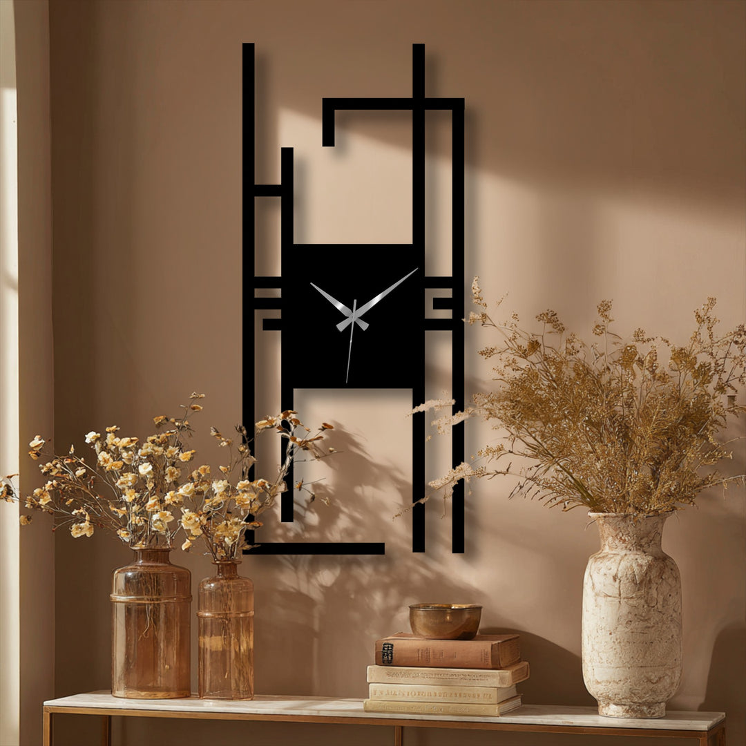 Showcasing the abstract quality, the modern vertical metal wall clock presents a geometric, linear design as a stunning decoration wall art piece.