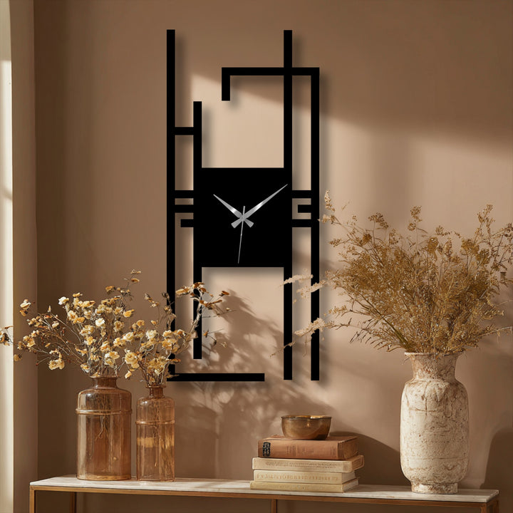 Showcasing the abstract quality, the modern vertical metal wall clock presents a geometric, linear design as a stunning decoration wall art piece.