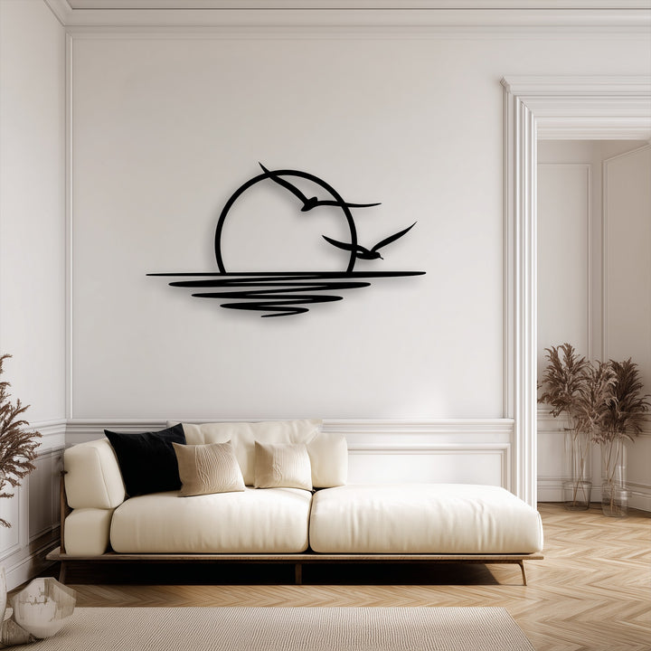 The flowing lines of the minimalist sunset and seagulls create a serene visual rhythm in this metal art for wall, enhancing the tranquil decor.
