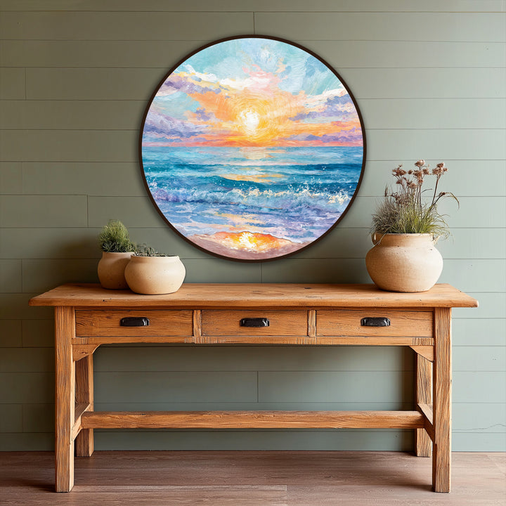 Dramatic color contrast highlights the golden sunrise against azure waves in this vibrant seaside horizon round modern oil painting art.
