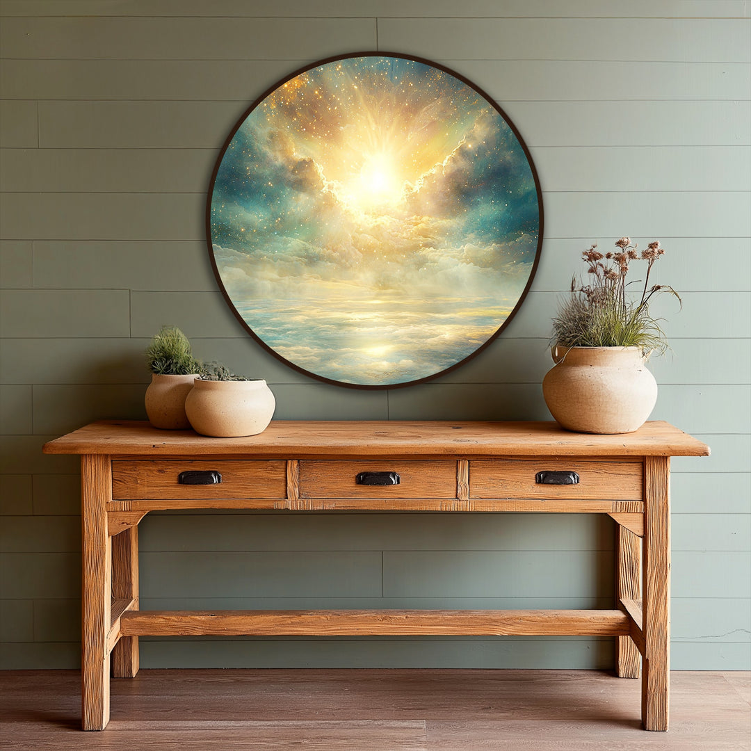Ethereal round oil painting decoration captures a serene mood with its celestial sky, luminous clouds, and radiant golden light.