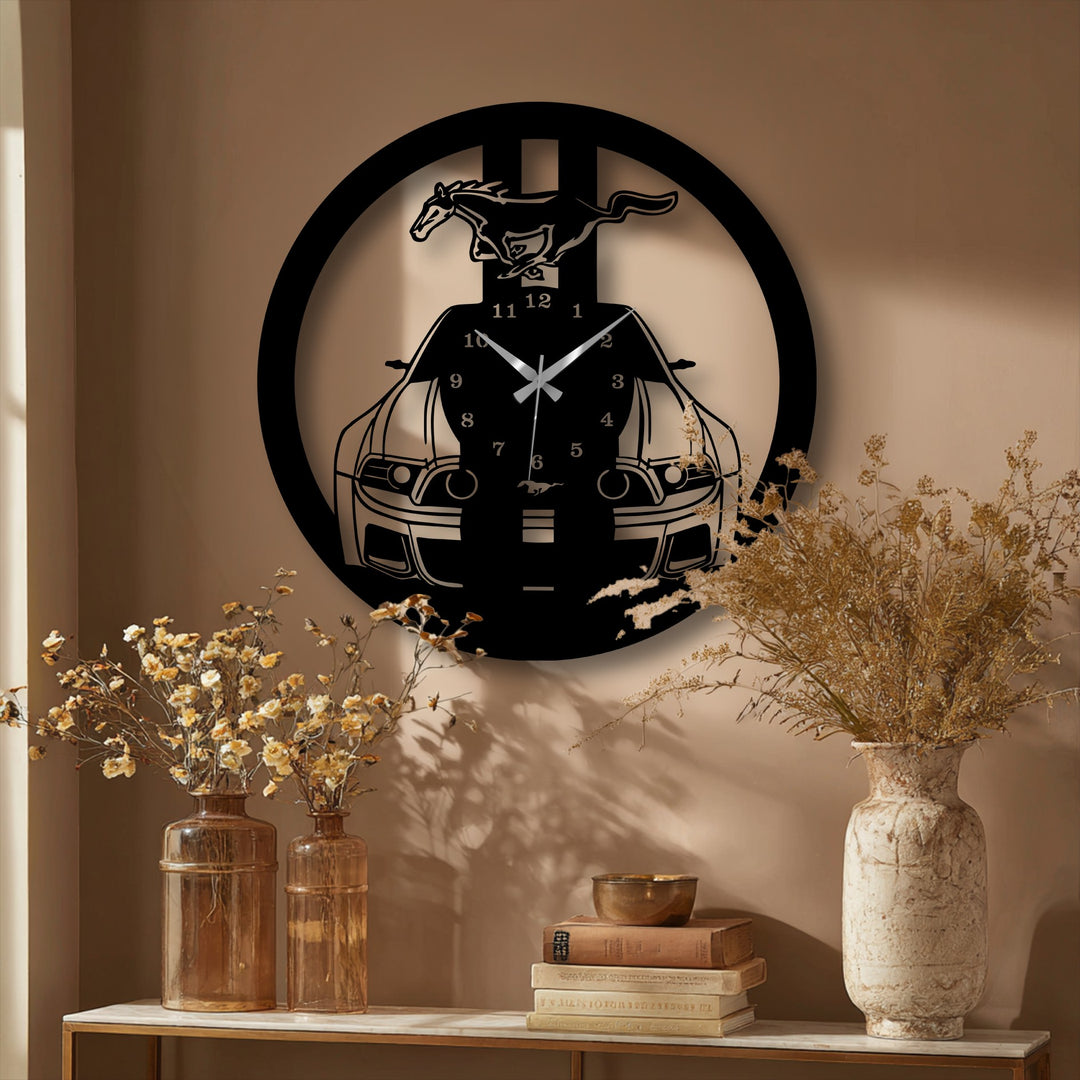 Visual rhythm emanates from this wild mustang metal art for wall clock, blending the muscle car's silhouette with the circular frame in a visually striking pattern.
