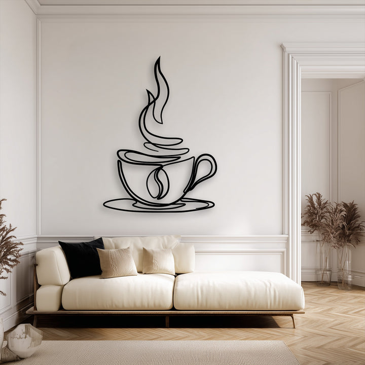 The background showcases elegant light-colored walls with classic architectural molding, perfect for this coffee cup line art decoration wall art.