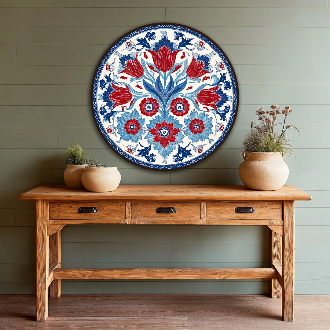 Showcasing the layering effect, this modern oil painting art highlights a round floral oil painting with vibrant red and blue Ottoman motifs.