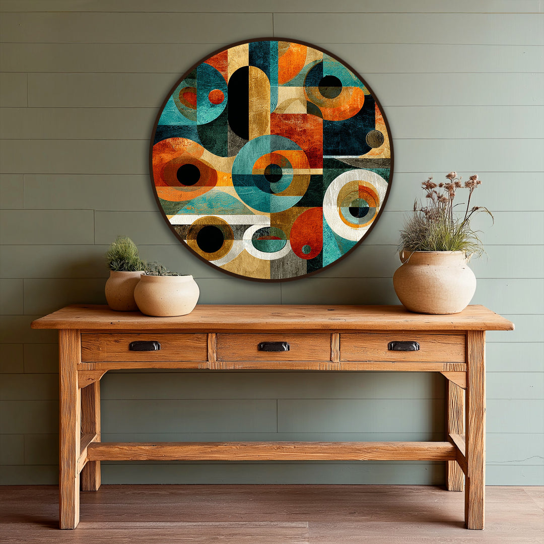 Bold, retro geometric circles claim attention as the loudest element in this abstract round modern oil painting art, a striking piece for contemporary spaces.