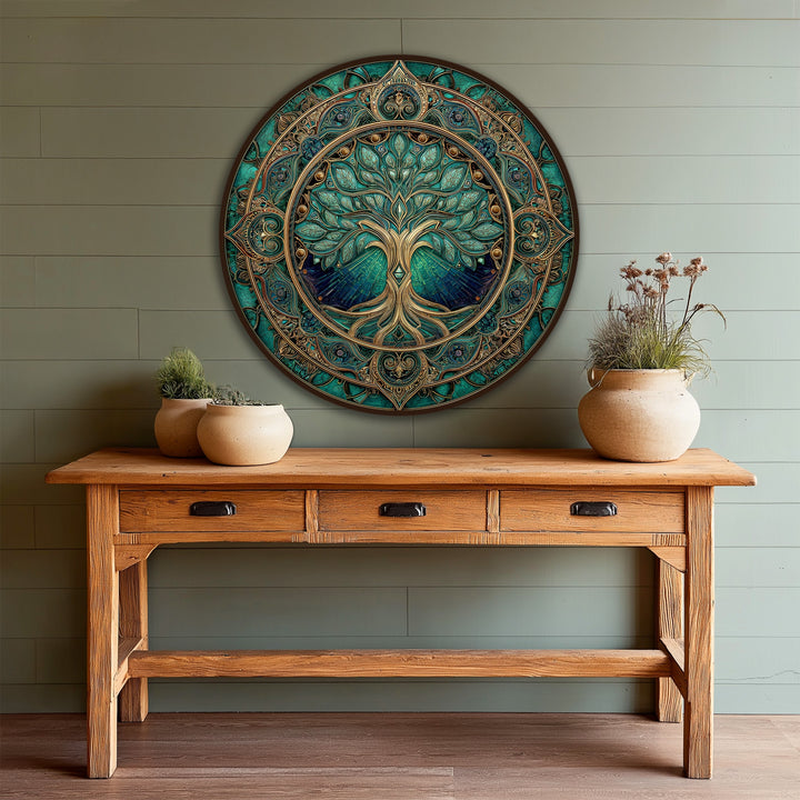 Framed with an ornate wooden edge and intricate borders, this circular emerald sacred tree oil painting home decor brings a touch of elegant, nature-inspired art.