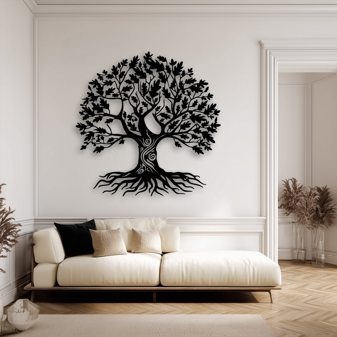 The plush cream sofa with soft cushions complements the intricate Tree of Life metal art for wall, creating a serene symbolic nature design.