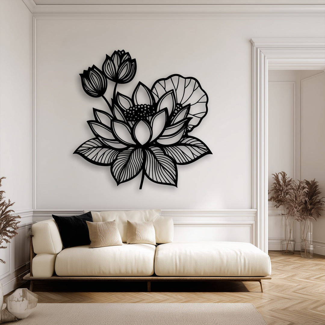 The warm color temperature of the room enhances the intricate black lotus floral metal wall art, creating an inviting decoration wall art piece.