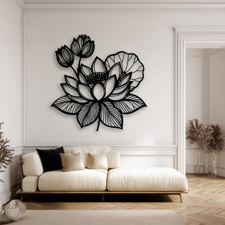 The warm color temperature of the room enhances the intricate black lotus floral metal wall art, creating an inviting decoration wall art piece.