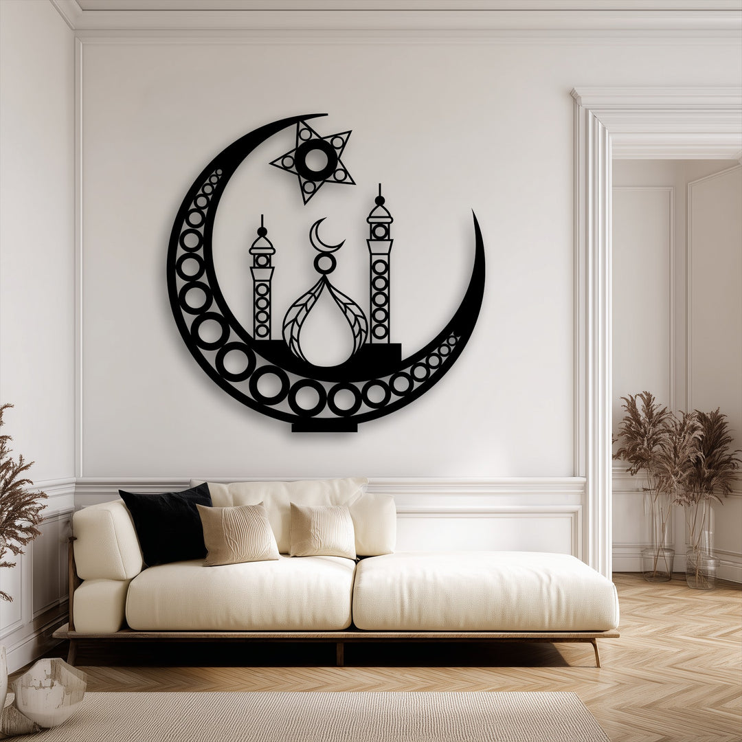 The striking transition between the deep matte black Islamic Crescent Moon metal wall decor and the soft ivory wall creates a bold visual impact.