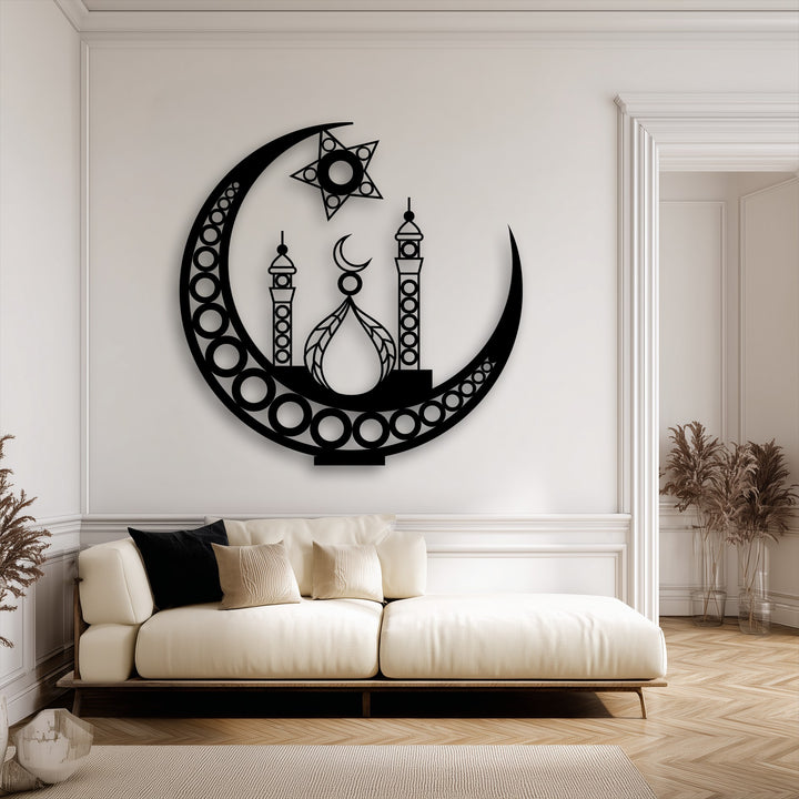 The striking transition between the deep matte black Islamic Crescent Moon metal wall decor and the soft ivory wall creates a bold visual impact.