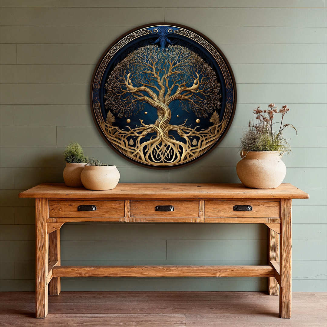 Dominant blue shades create a striking backdrop for the golden tree in this round oil painting art piece, showcasing a celestial roots design with symbolic details.