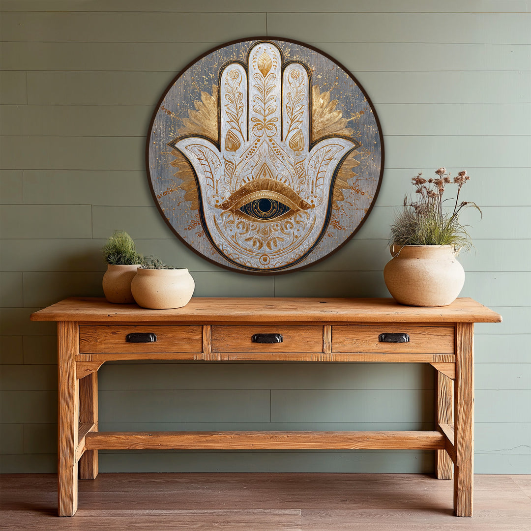 Distinguished by its ornate golden finish, this sacred Hamsa eye round wooden oil painting art prints create a mesmerizing wall art piece.
