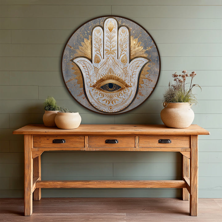 Distinguished by its ornate golden finish, this sacred Hamsa eye round wooden oil painting art prints create a mesmerizing wall art piece.