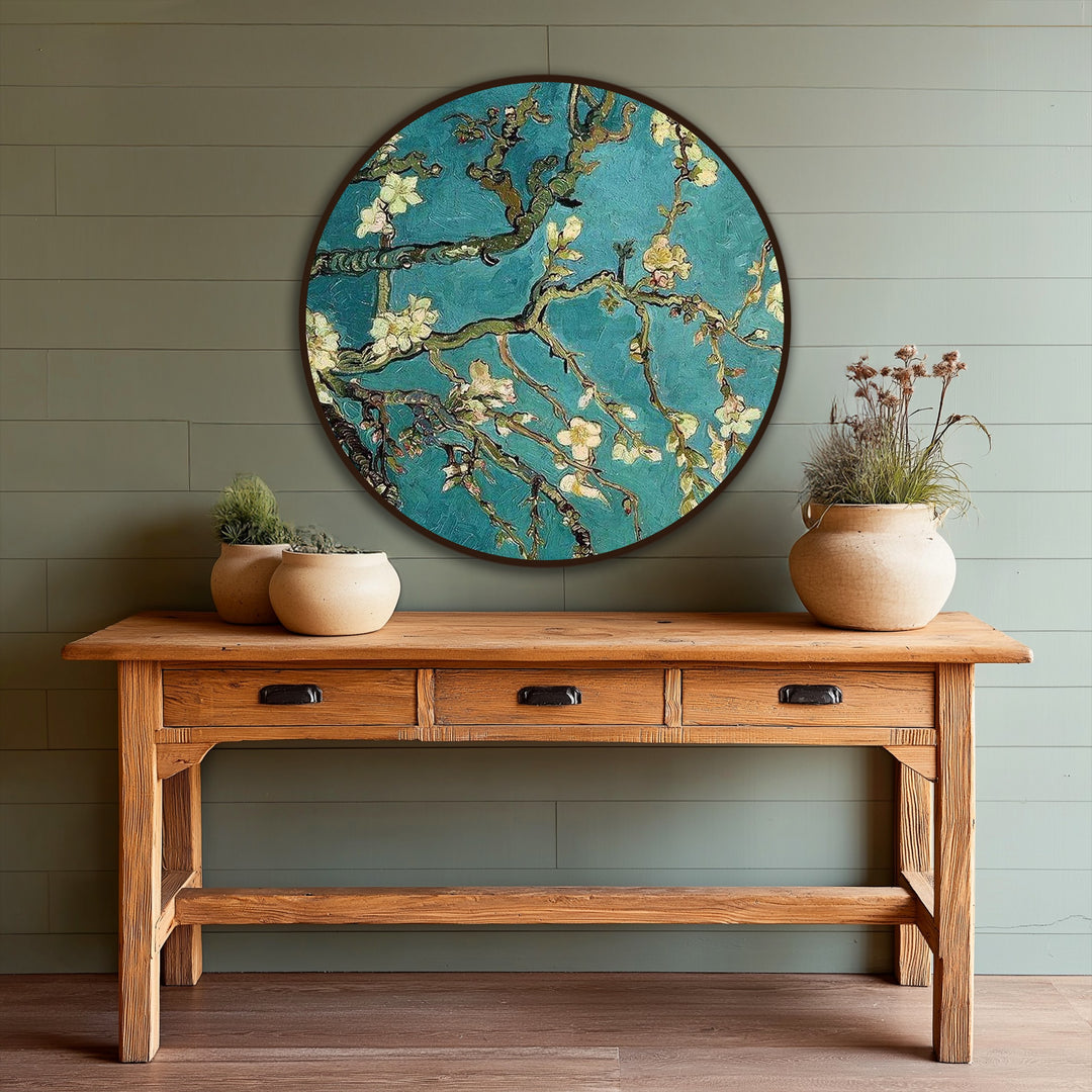 The organic forms of the round almond branches oil painting reproduction print intertwine across the turquoise sky, creating a captivating blossoming sky.