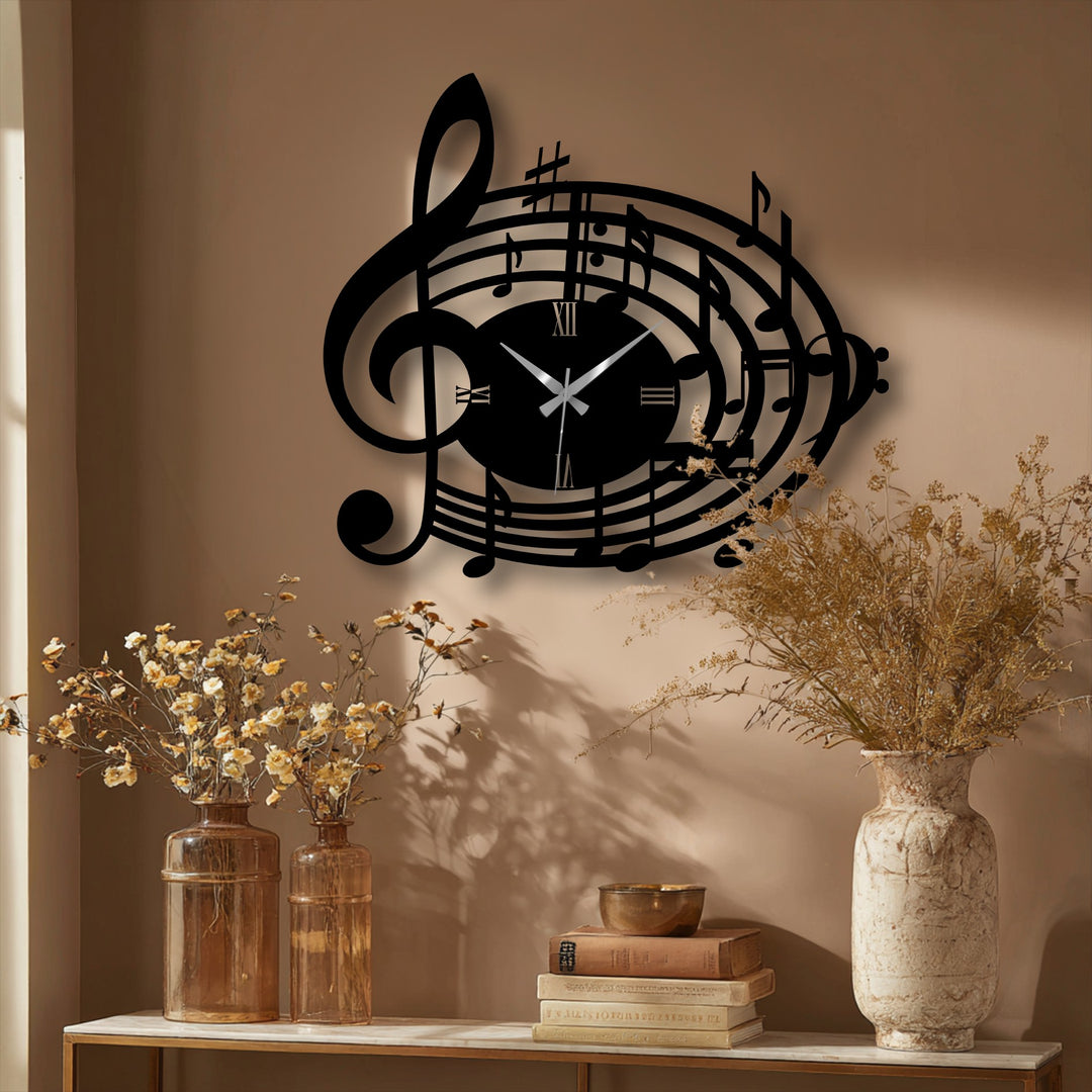 Highlighting the intricate details, the musical notes treble clef design brings a touch of unique metal wall art to this stylish wall clock.