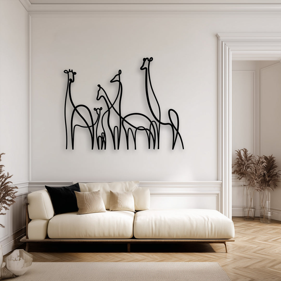 The sleek, durable metal wall decor features minimalist giraffe family line art, showcasing superior material quality.