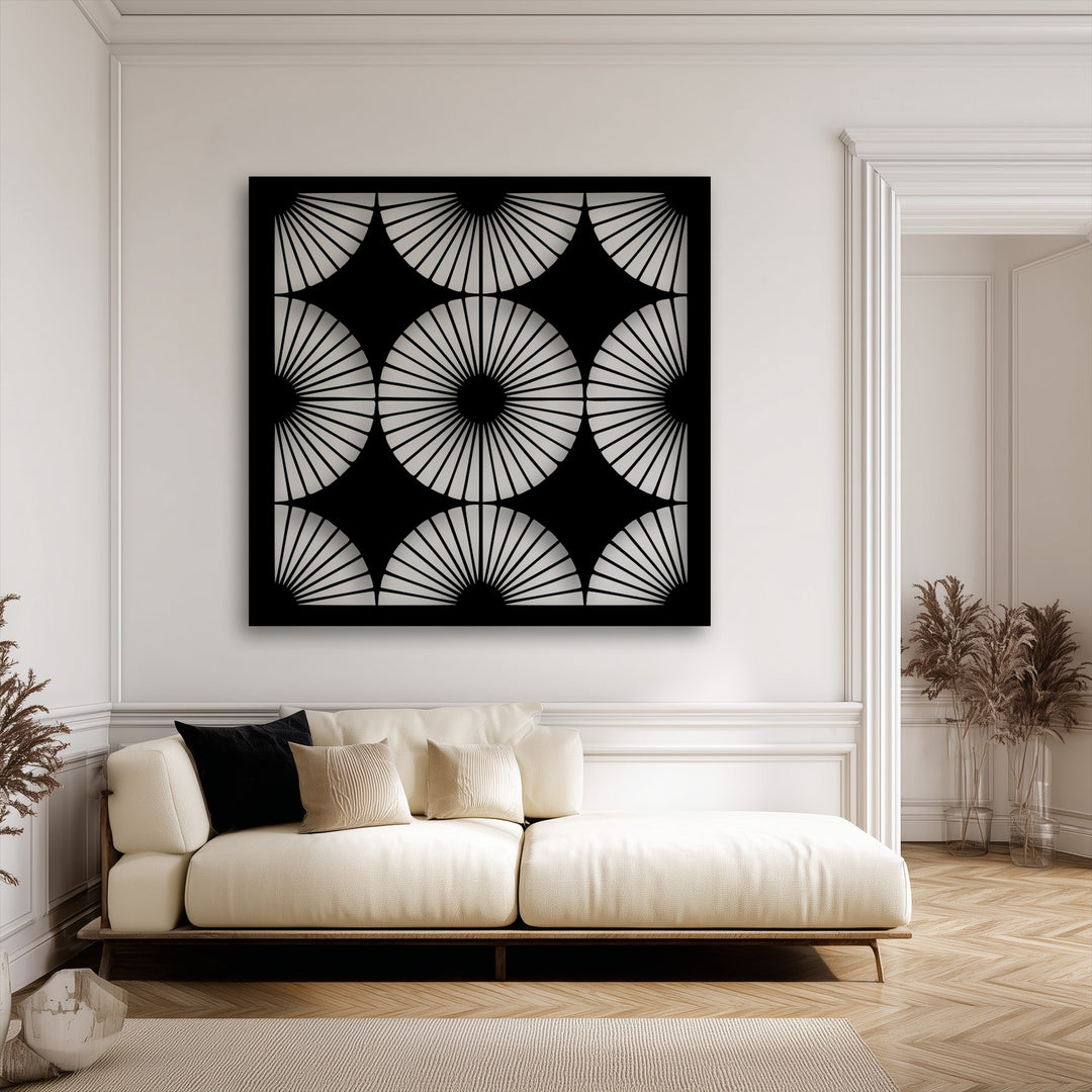 The plush cream sofa, adorned with soft pillows, beautifully complements the stunning Radiant Fan Pattern decorative metal art.